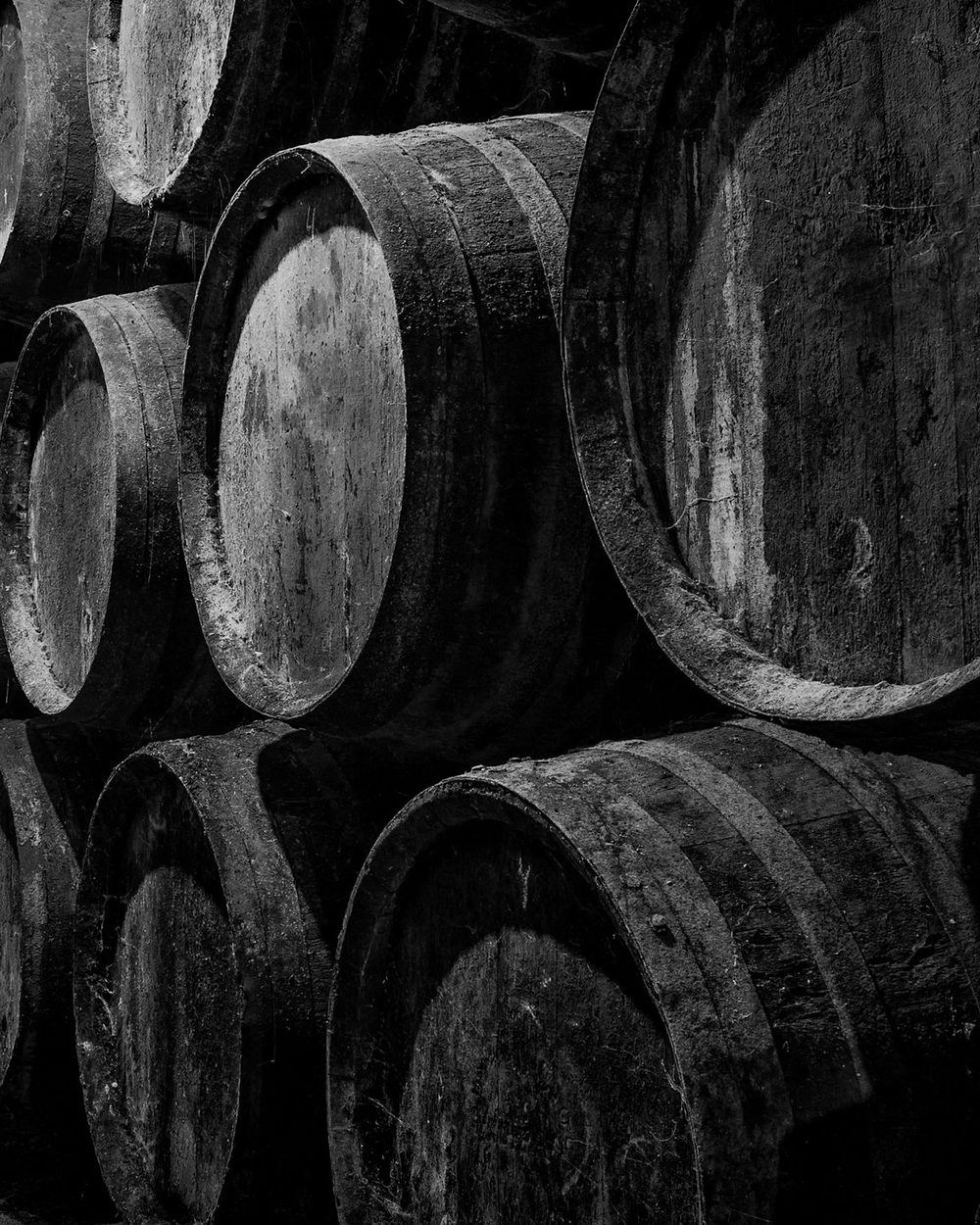 Oak whiskey barrels stacked in a Pennsylvania distillery cellar