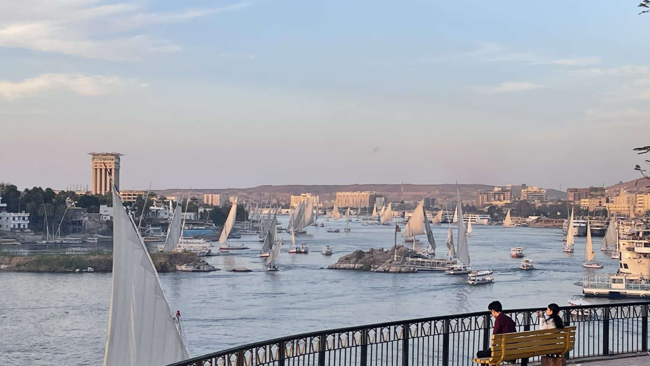 Feluccas under sail on the Nile at Aswan, Egypt